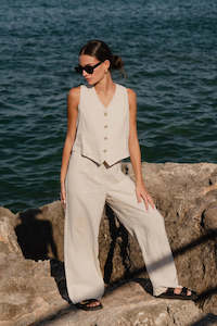 RE:UNION Island Natural Linen Viscoe Pleat Front Wide Leg Pant