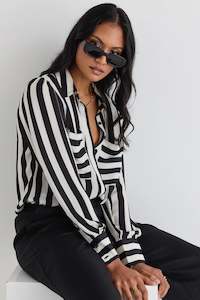 Among The Brave: AMONG THE BRAVE Solidify Black White Stripe Puff Sleeve Shirt