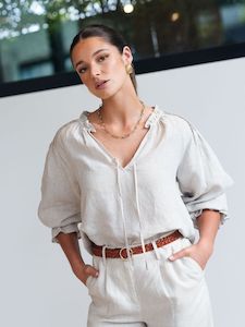 REUNION Birch Linen Pintuck Shoulder Tie Neck Top Natural