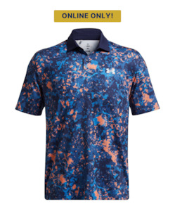 Golf course or practice range: 2024 Under Armour Men's T2G Printed Polo - Flare Orange/Tech Blue/Midnight Navy