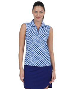 2025 IBKUL Gingham Check Print Sleeveless Polo - Navy/White