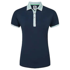 Golf course or practice range: 2024 FootJoy Gingham Trim Short Sleeve Women's Polo - Navy