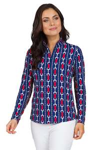 2023 IBKUL Womens Vic Print Long Sleeve Mock Neck Top - Navy / Red