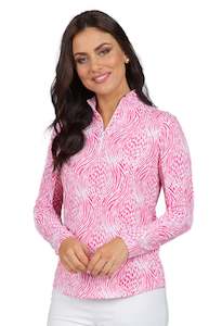 Golf course or practice range: 2023 IBKUL Womens Alena Print Long Sleeve Mock Neck Top - Watermelon / White