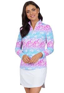 2023 IBKUL Womens Jesse Print Long Sleeve Mock Neck Top - Hot Pink / Turquoise