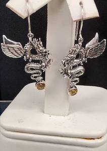 3D Sterling Silver Dragon Earrings with Citrine Drops