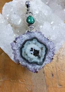 Sterling Silver Malachite and Amethyst Flower Pendant