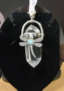 Sterling Silver Quartz Point with Dragonfly and Amazonite Pendant