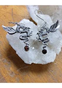 3D Sterling Silver Dragon Earrings with Garnet Drops