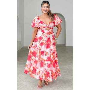 Pink Floral Bretta Sweetheart Puff Sleeve Maxi - 18