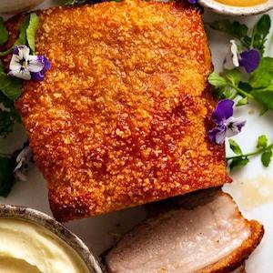 Christmas Mains: Roast pork belly (slow-cooked) with smoked truffle hollandaise