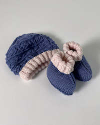 Merino Baby Beanie & Booties in Blue & Blush