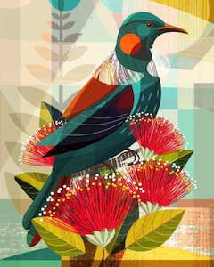 Greeting Card - Tui in Pohutukawa by Ellen Giggenbach