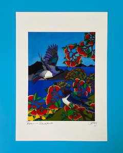 Souvenir: Art Print by Jo May- Keruru in Pohutukawa