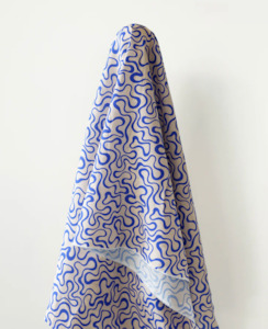 All Summer Long Cotton Linen Blue & Vanilla Swirlies Print 135 gsm $32.00 pm