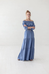 Linen - household: Off-Shoulder Linen Dress | Dusk Blue