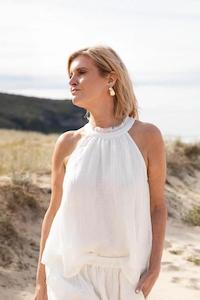 Linen - household: Gauze Linen Highneck Top | Off White