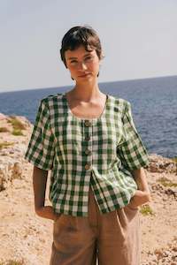 Maeve button linen top | Green Gingham