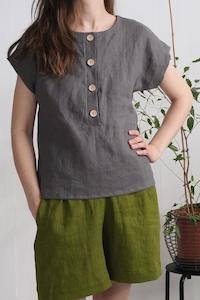 Linen - household: Button Up Linen T-Shirt | Dark Grey