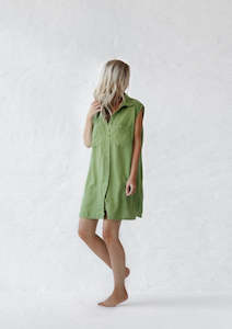 Linen - household: Sleeveless Linen Shirt Dress | Pea Green