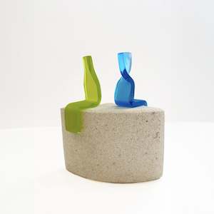 Observer Duo Mini (Lime Green, Aqua Blue on Oamaru Stone) | Sculpture | by Karin Barr