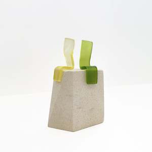 Observer Duo Mini (Olive Green, Yellow on Oamaru Stone) | Sculpture | by Karin Barr