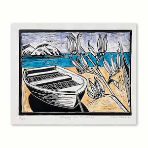 Dinghy and Harakeke  |  Print  |  by Anna Palmer