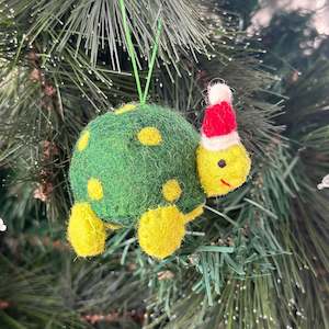 Fairtrade Felted Christmas Decoration - Turtle with Santa Hat