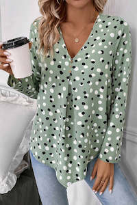 White Polka Dot Print Button Front V Neck Blouse