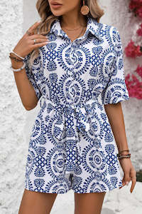 Blue Mandala Printed Short Sleeve Belted Shirt Romper