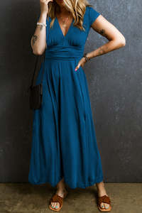 Peacock Blue Short Sleeve Shirred High Waist V Neck Maxi Dress