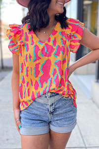 Internet only: Orange Abstract Print V Neck Ruffled Sleeve Blouse