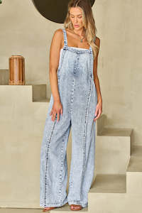 Beau Blue Light Wash Frayed Exposed Seam Wide Leg Denim Overall