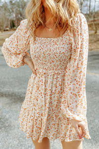 Apricot Boho Floral Smocked Puff Sleeve Mini Dress