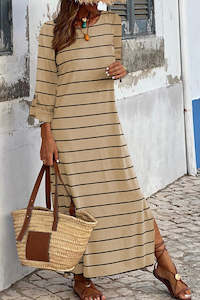 Apricot Striped Casual Slit Long Dress