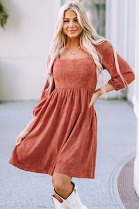 Internet only: Brown Suede Square Neck Puff Sleeve Dress