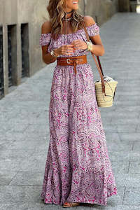 Pink Boho Paisley Print Off Shoulder Maxi Dress