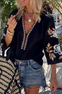 Internet only: Black Bohemian Floral Embroidered V Neck Blouse