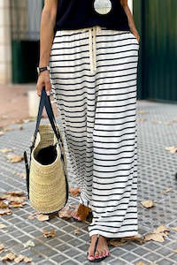 Internet only: White Drawstring Striped Wide Leg Pants