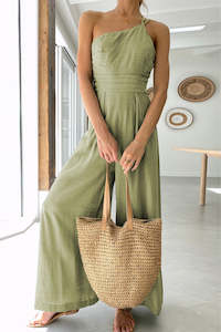 Green Asymmetric Thin Straps One-shoulder Wide Leg Jumpsuit