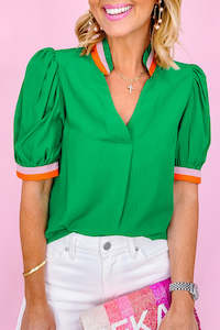 Internet only: Bright Green Colorful Trim V Neck Short Sleeve Blouse