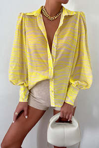 Yellow Zebra Stripes Print Lantern Sleeve Shirt