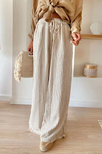 Internet only: Khaki Stripe Print Wide Leg Drawstring Pants