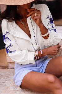 Internet only: White Floral Embroidered Bracelet Sleeve Shirt