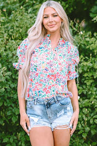 Internet only: Pink Floral Print Button Split Neck Puff Sleeve Blouse