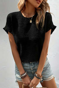 Black Solid Textured Ruffled Short Sleeve Blouse