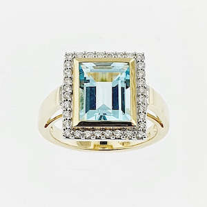 Swiss Blue Topaz & Diamond 9ct Yellow Gold Ring