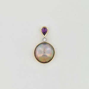 Freshwater Pearl, Diamond & Purple Sapphire 18ct Gold & Platinum Pendant