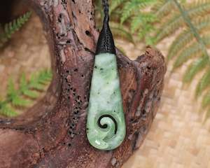 Jewellery: NZ Greenstone Medium Roimata with Koru Pendant (BA375) Hapopo Pounamu