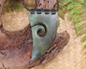 NZ Greenstone Medium Niho Taniwha Tooth with Koru Pendant (BA008) Hapopo Pounamu